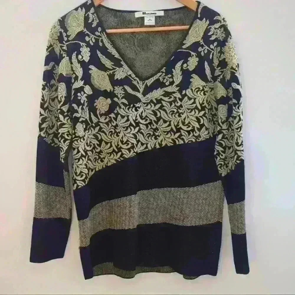 NYGARD COLLECTION | Women's Black/Gold Shimmer  Floral Long Sleeve Knit …